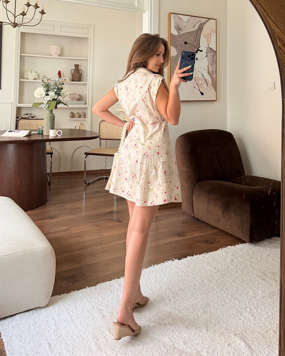 Bej Çiçekli Mini Elbise