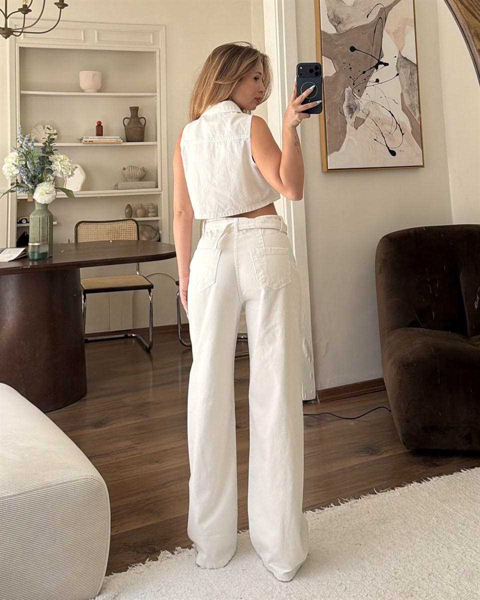 Beyaz Crop Denim Yelek Pantolon Takım