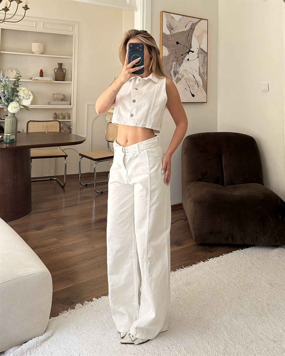 Beyaz Crop Denim Yelek Pantolon Takım