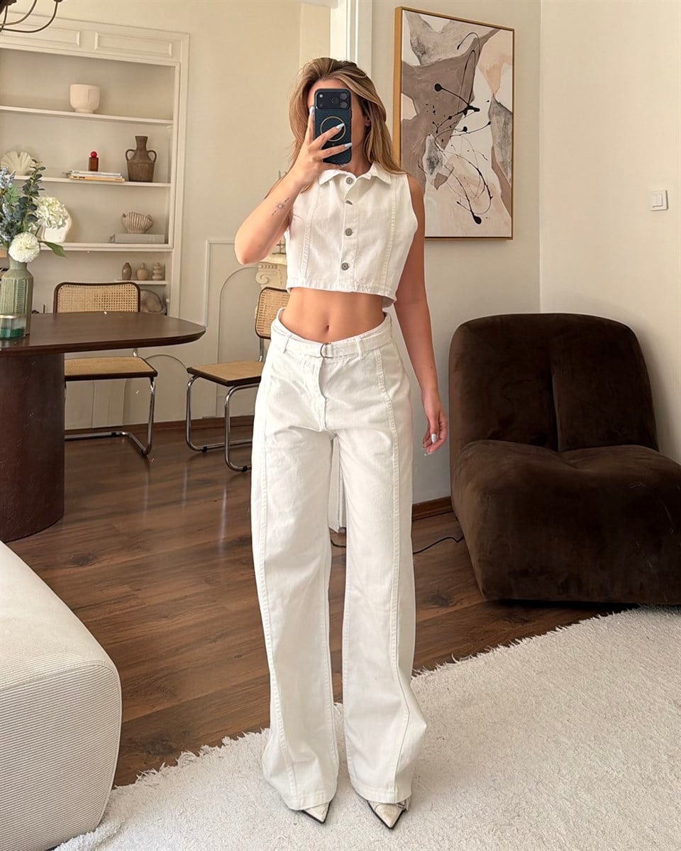 Beyaz Crop Denim Yelek Pantolon Takım