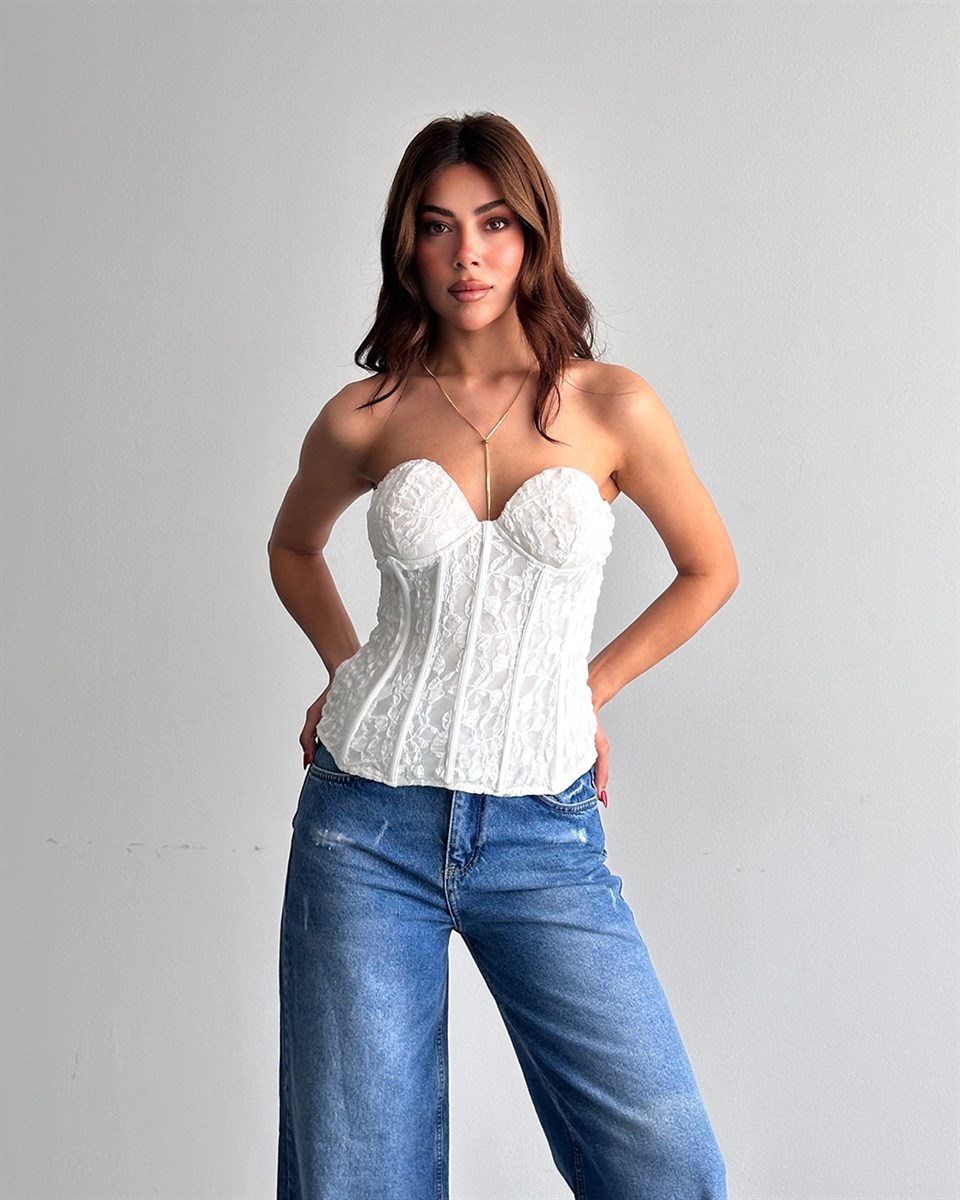 Beyaz Dantel Detaylı Büstiyer