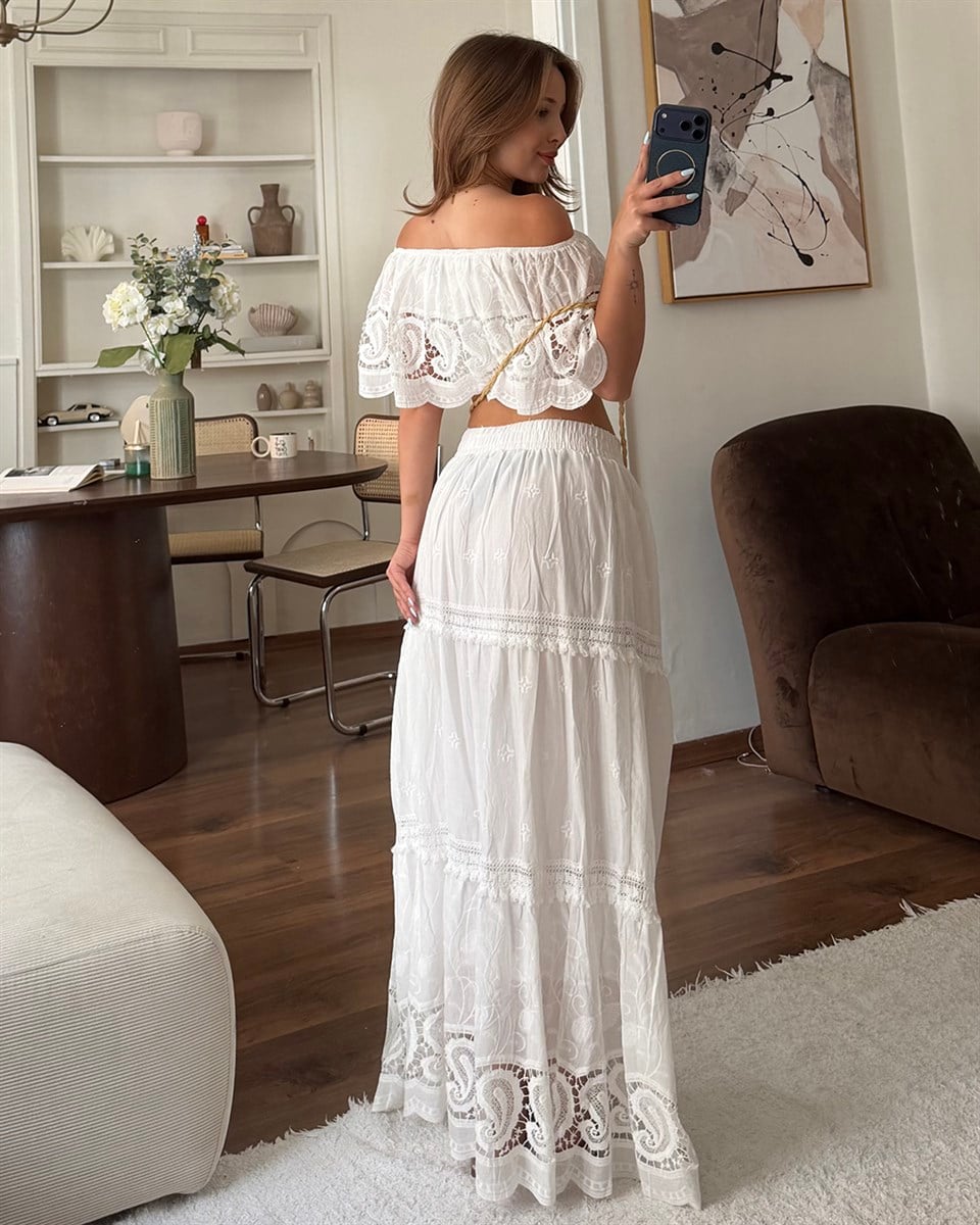 Beyaz Fisto Detaylı Crop Etek Takım