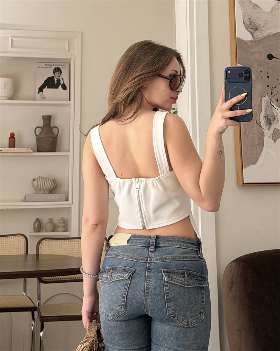 Beyaz İp Detaylı Korse Bluz