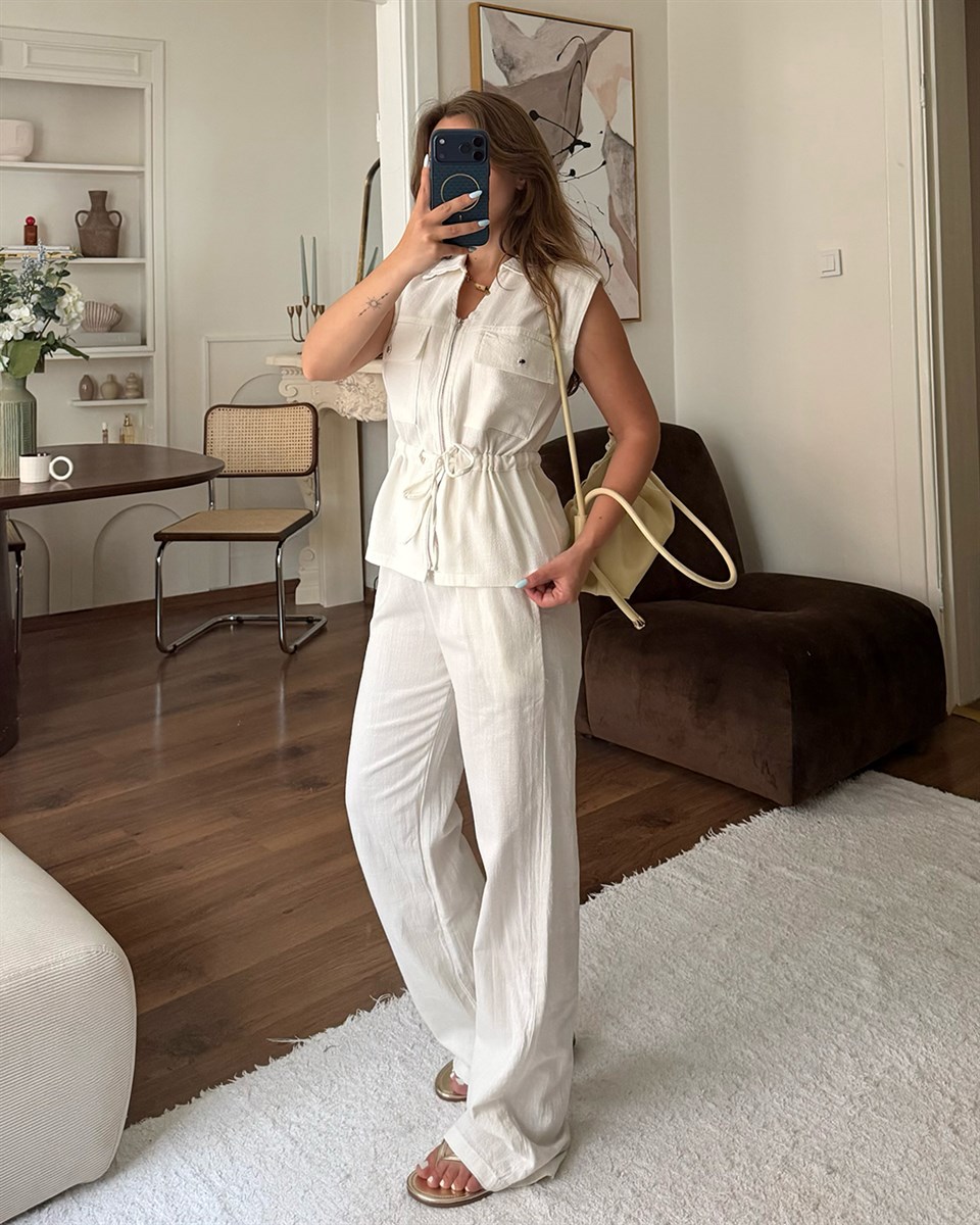 Beyaz Keten Yelek Pantolon Takım
