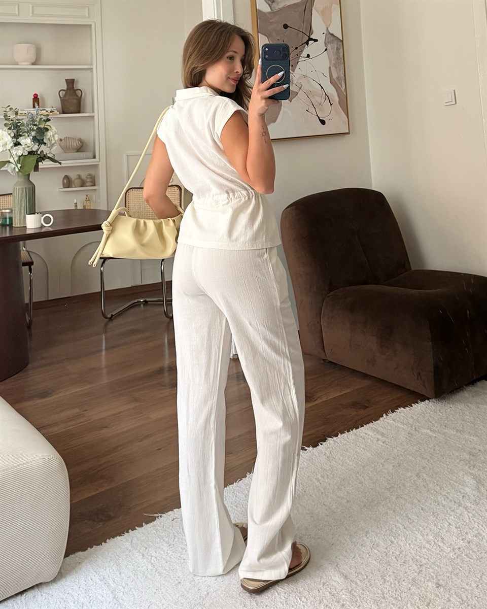 Beyaz Keten Yelek Pantolon Takım