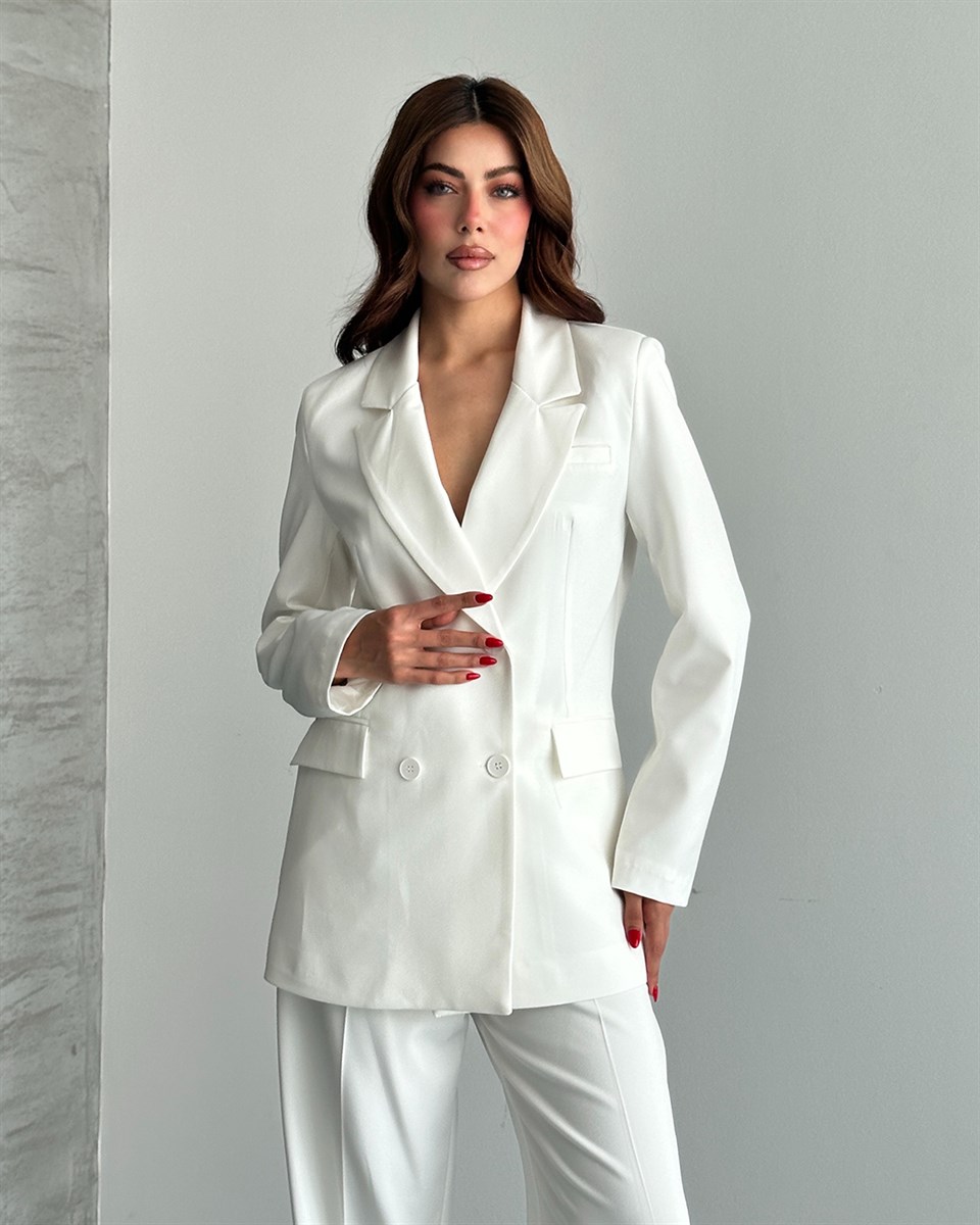 Beyaz Oversize Blazer Ceket Pantolon Takım