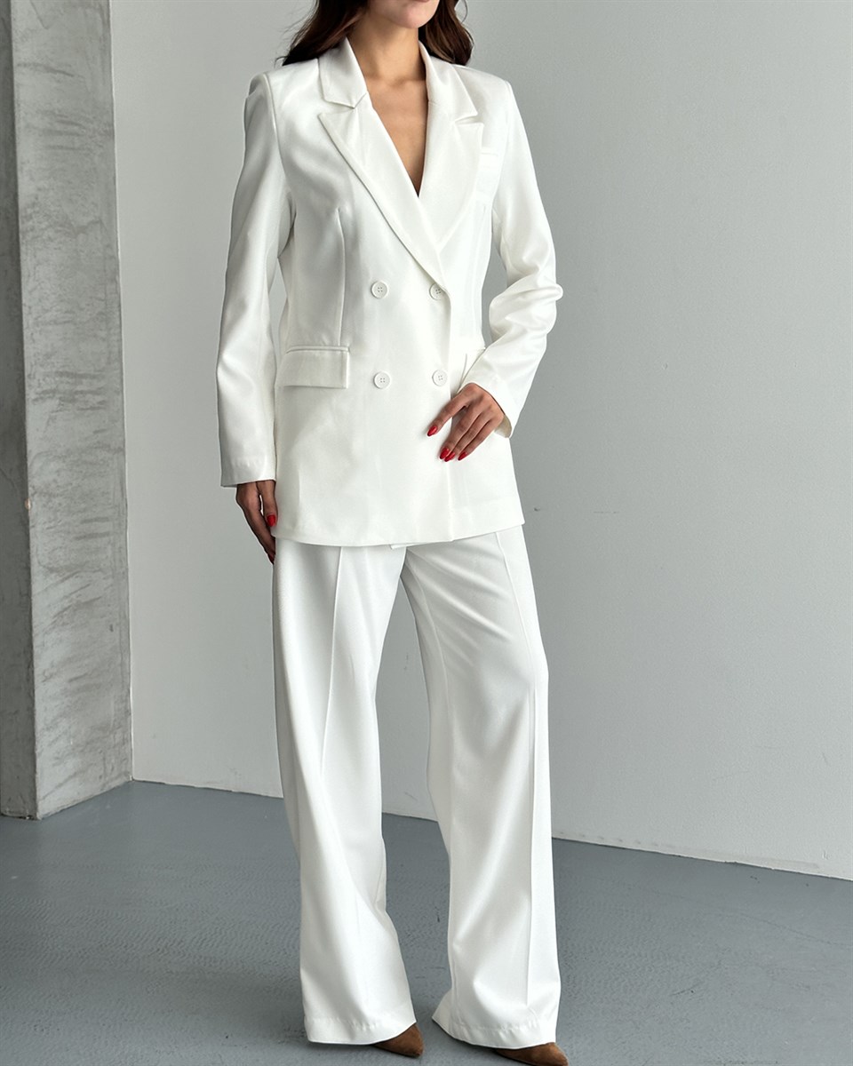 Beyaz Oversize Blazer Ceket Pantolon Takım