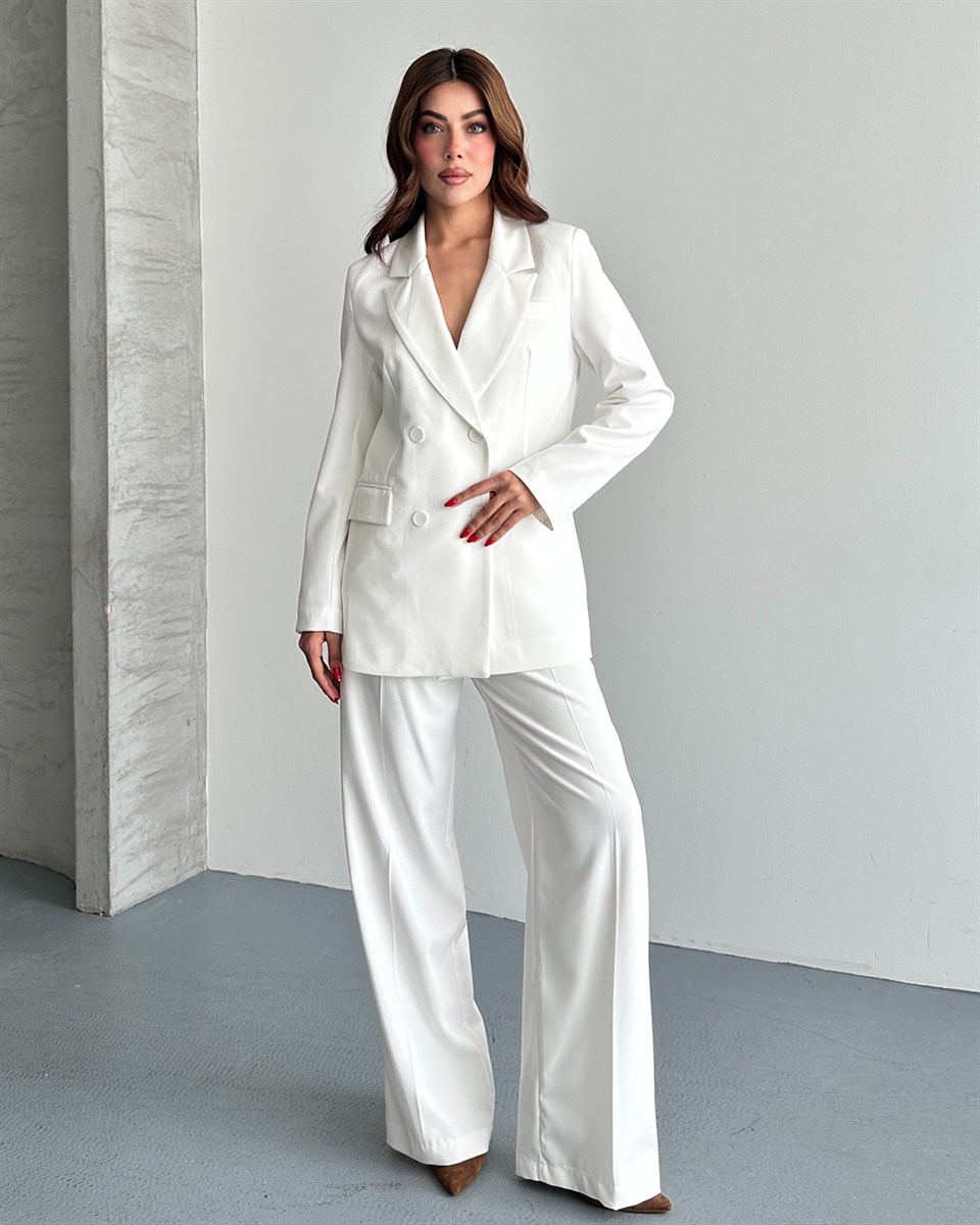 Beyaz Oversize Blazer Ceket Pantolon Takım