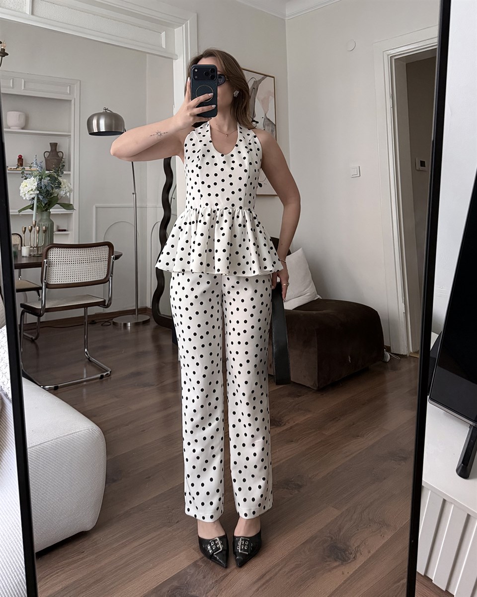 Beyaz Puantiyeli Büstiyer Takım