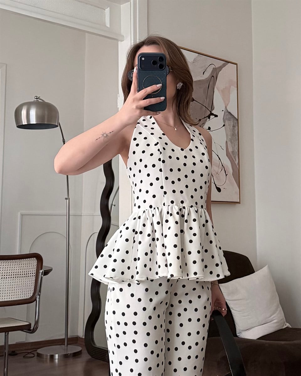 Beyaz Puantiyeli Büstiyer Takım