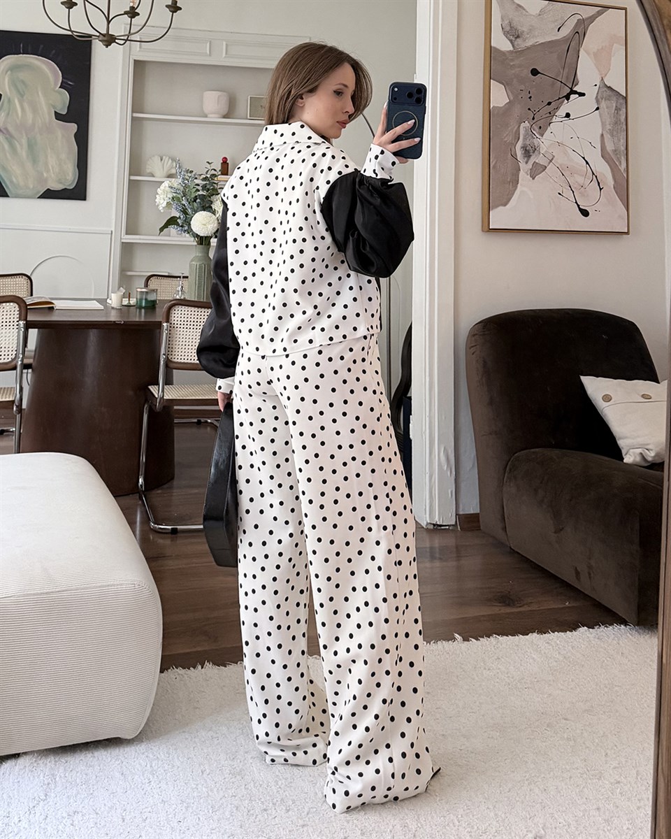 Beyaz Puantiyeli Ceket Pantolon Takım