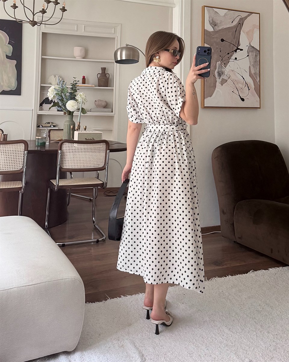 Beyaz Puantiyeli Kemerli Midi Elbise 