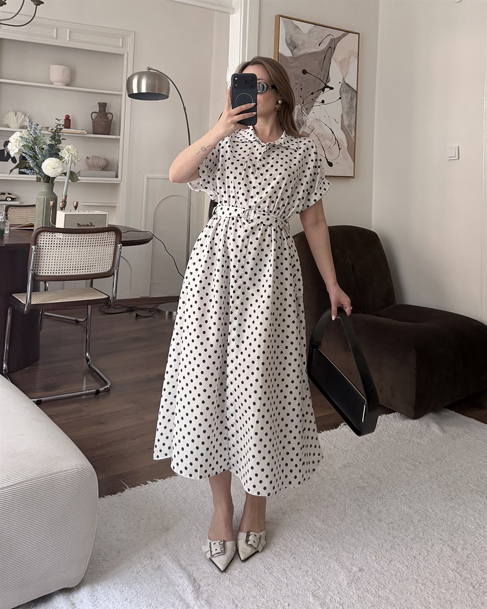 Beyaz Puantiyeli Kemerli Midi Elbise 