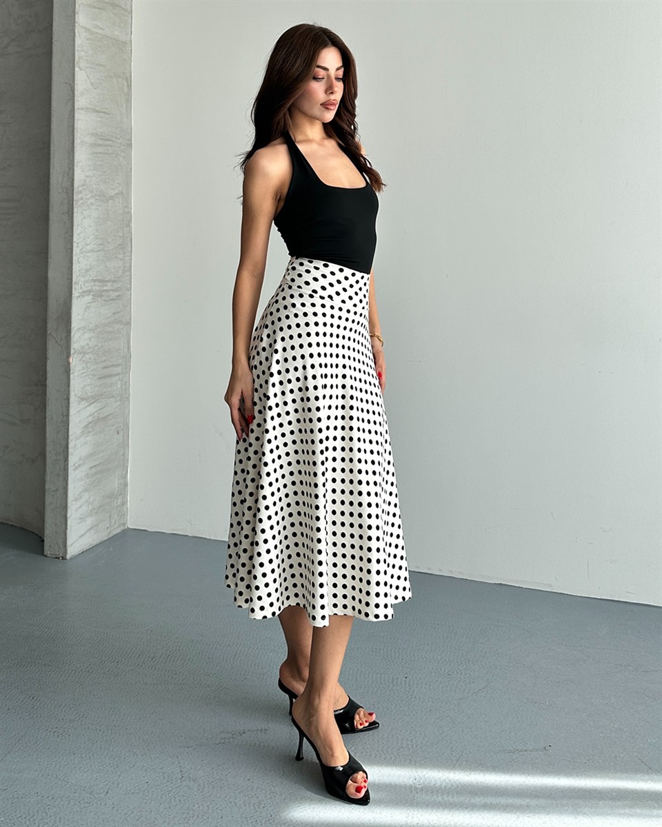 Beyaz Puantiyeli Saten Midi Etek