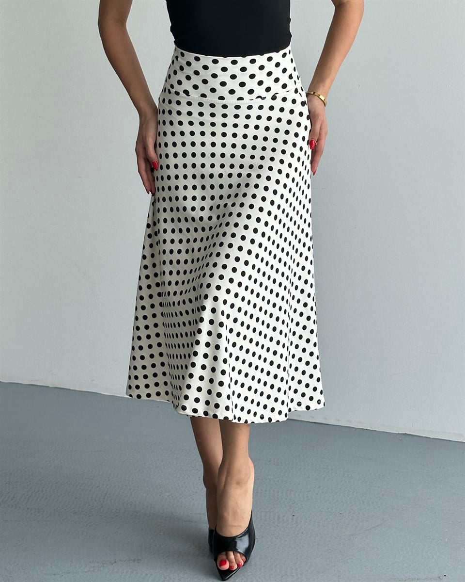 Beyaz Puantiyeli Saten Midi Etek