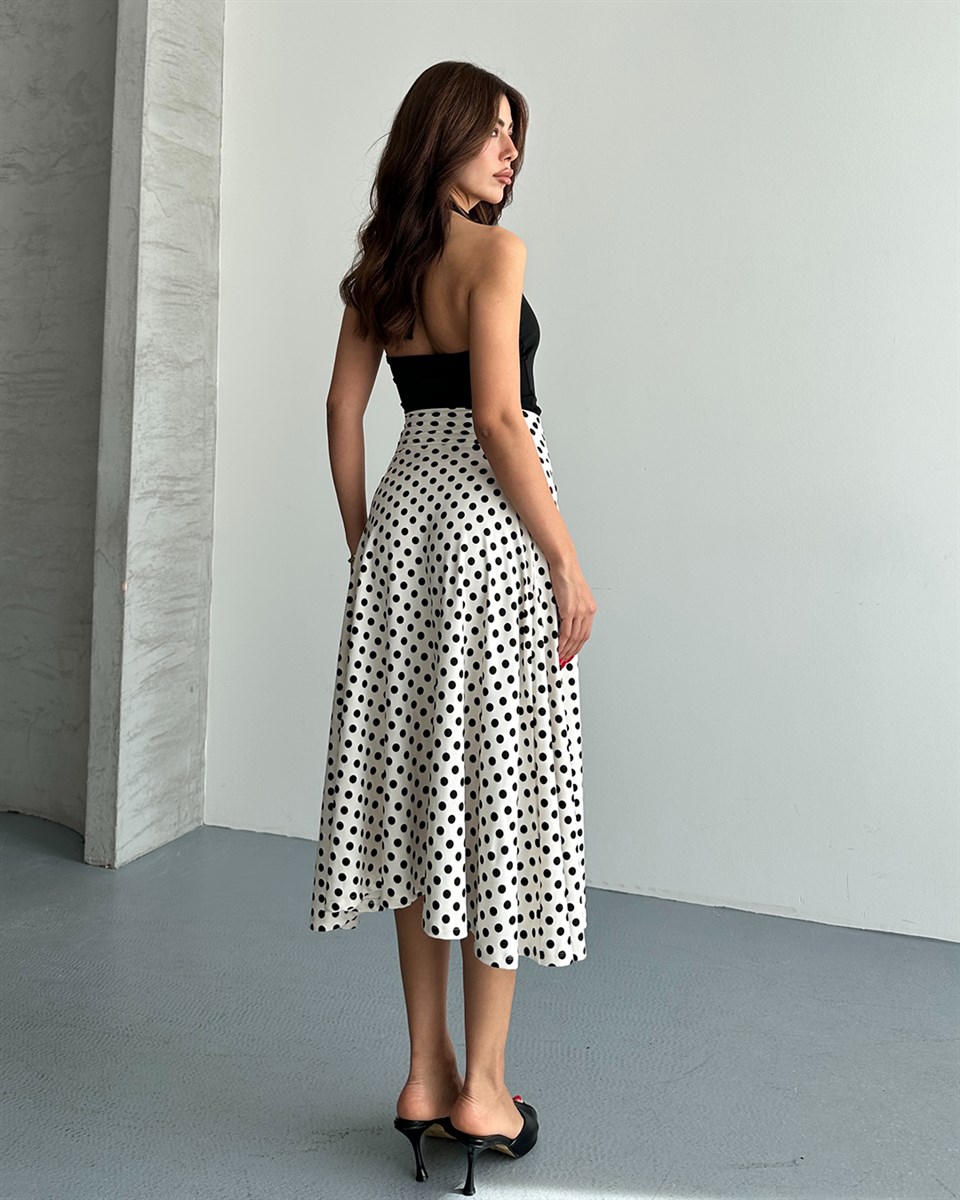 Beyaz Puantiyeli Saten Midi Etek