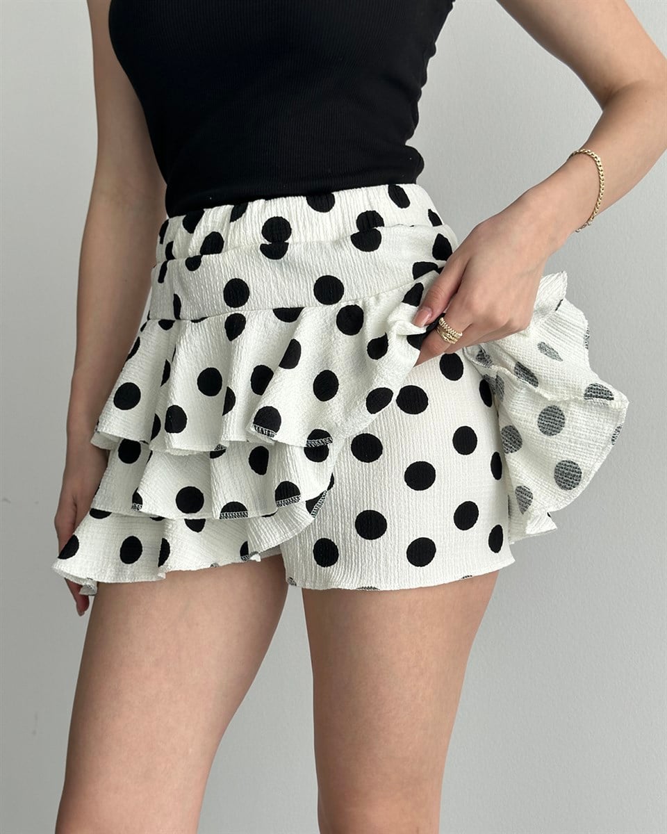 Beyaz Puantiyeli Volanlı Şort Etek