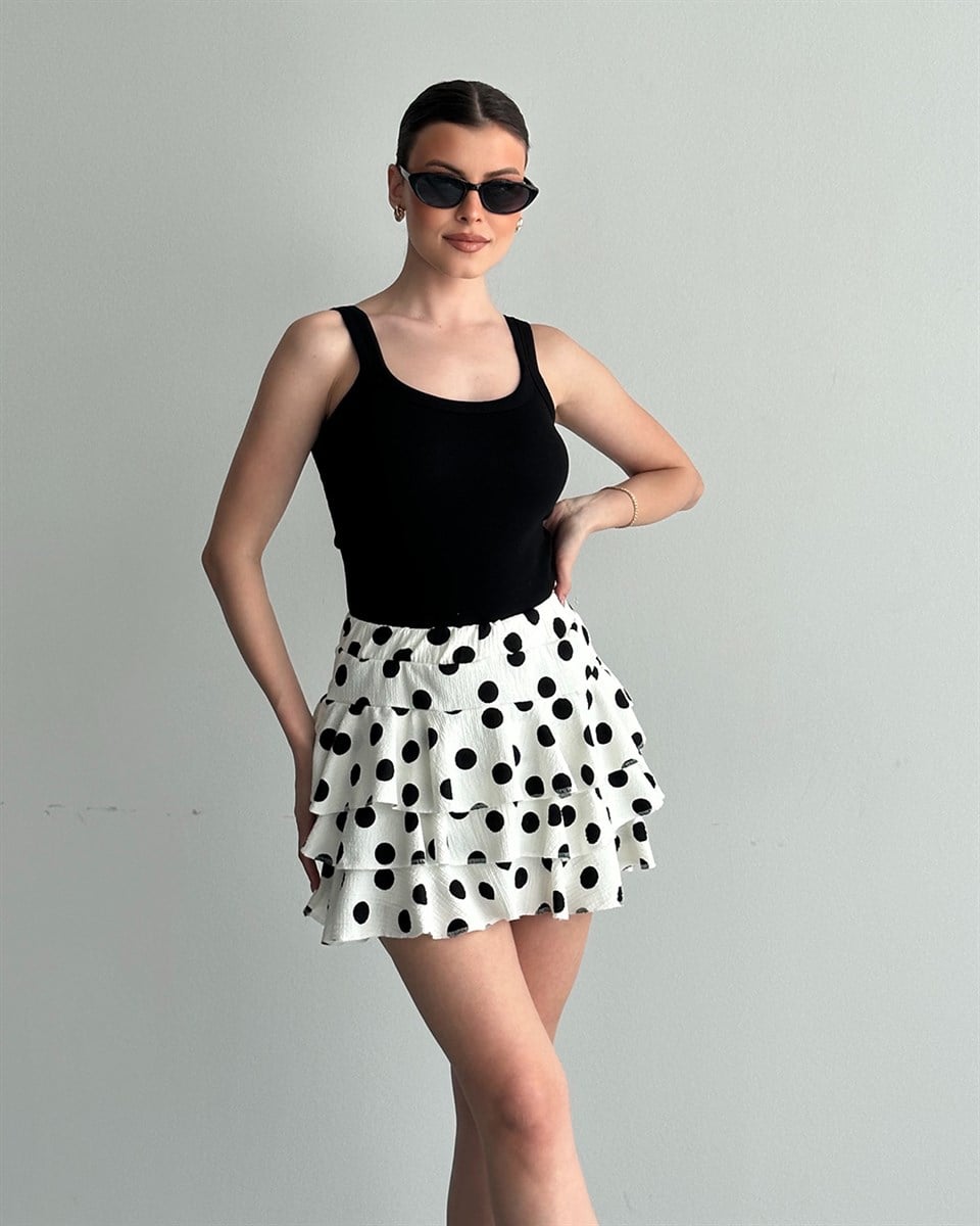 Beyaz Puantiyeli Volanlı Şort Etek