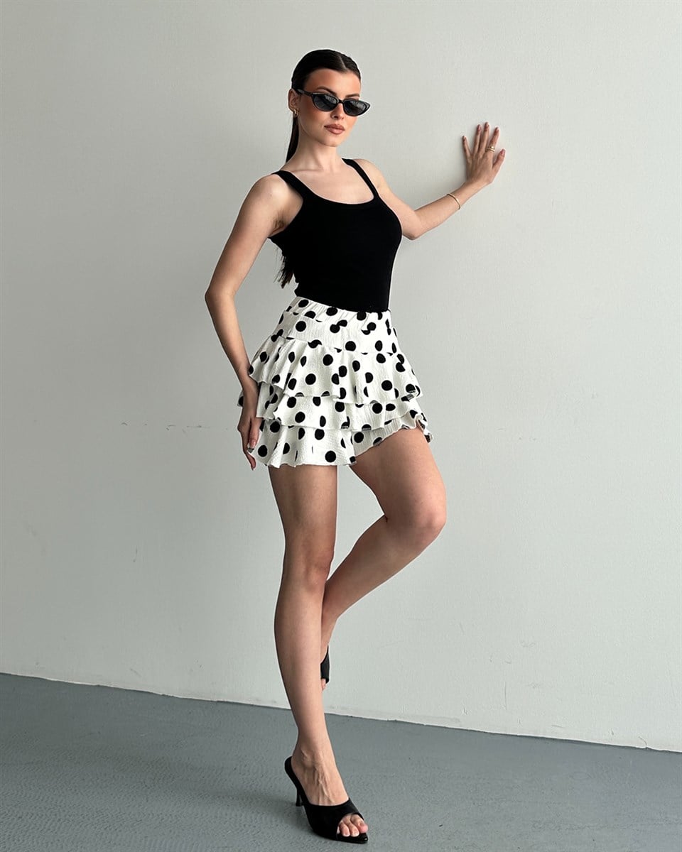 Beyaz Puantiyeli Volanlı Şort Etek