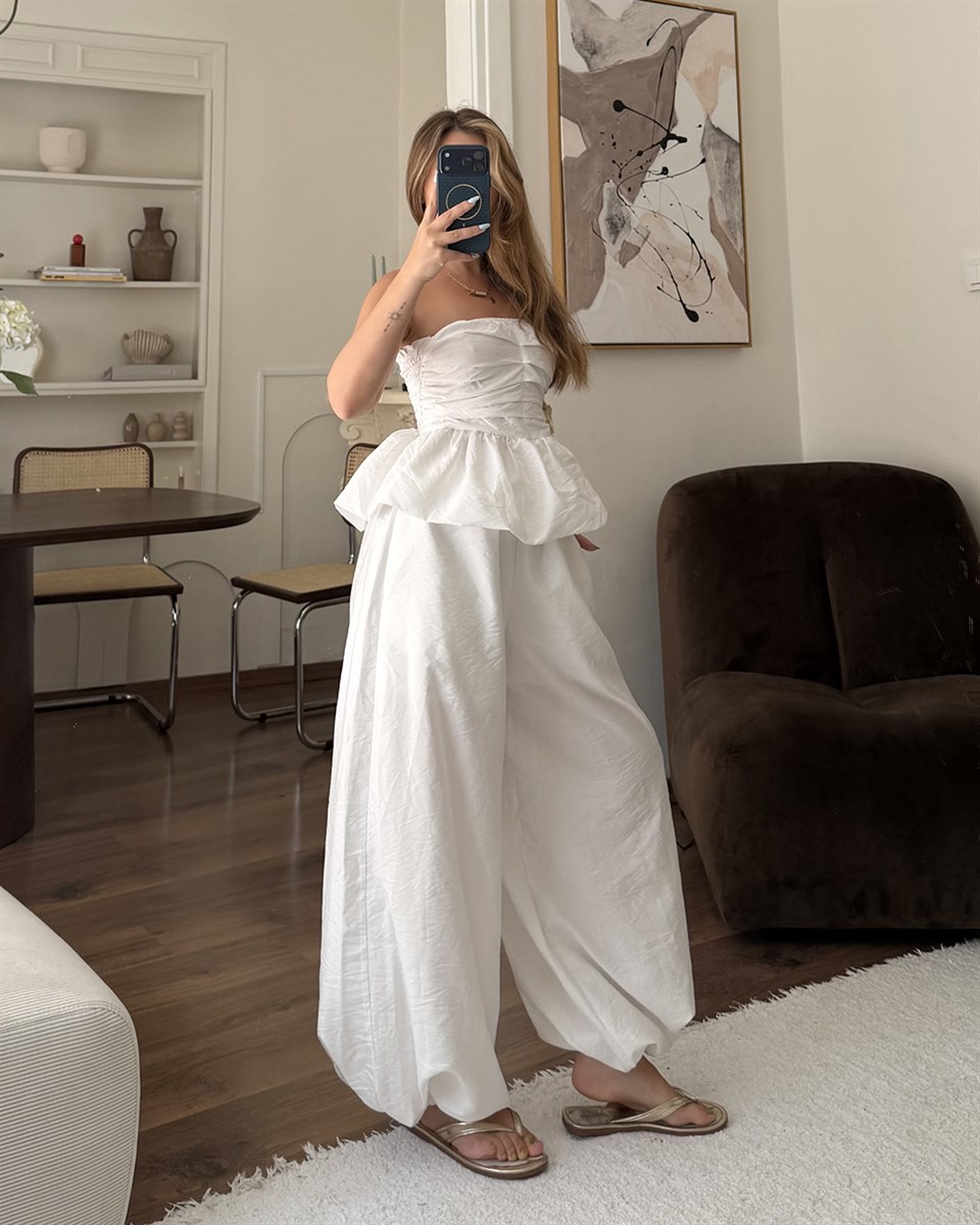 Beyaz Straplez Peplum Büstiyer Pantolon Takım