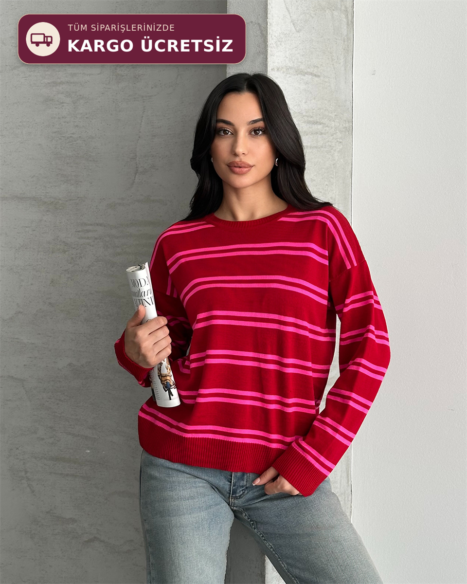 Bisiklet Yaka Çizgili Oversize Kırmızı Triko Kazak