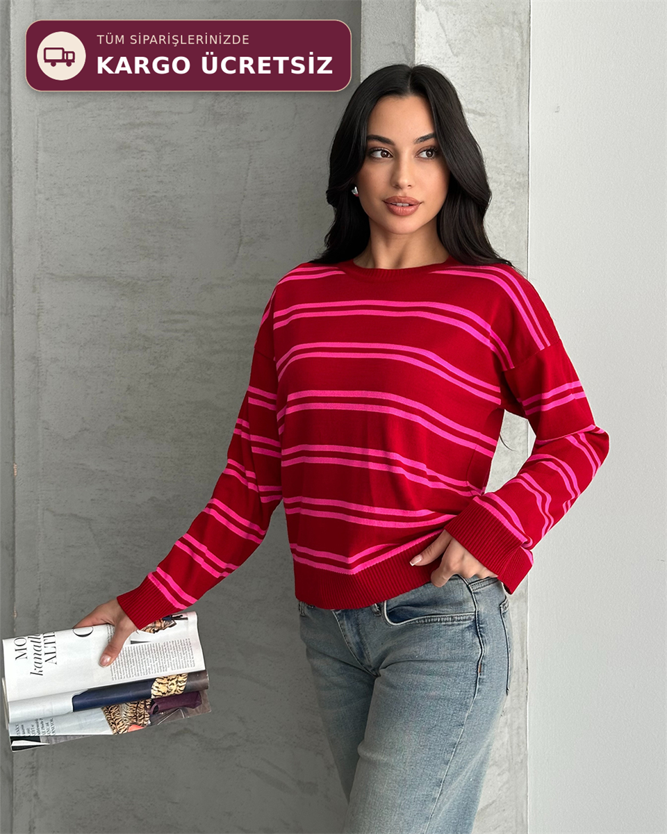 Bisiklet Yaka Çizgili Oversize Kırmızı Triko Kazak