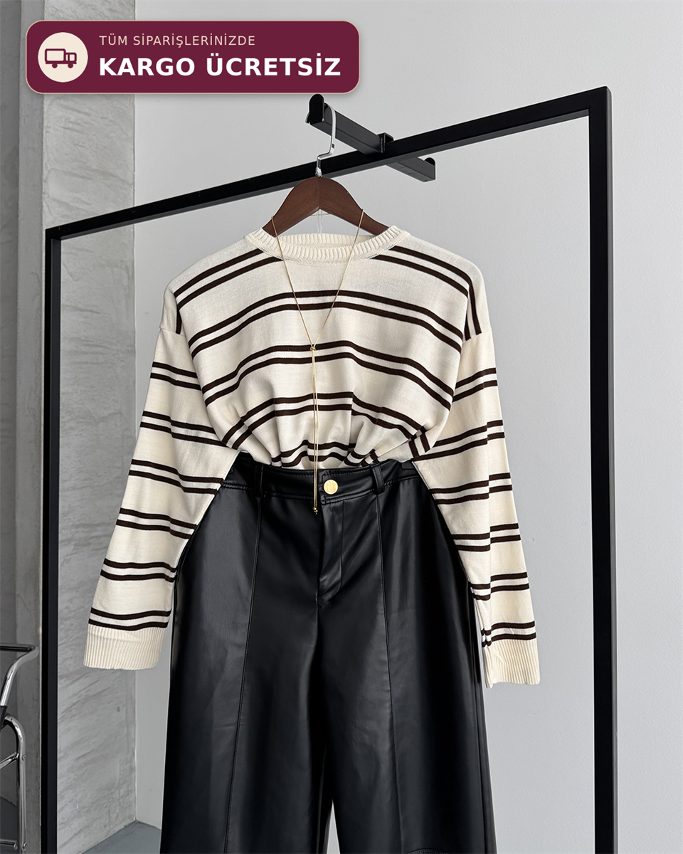 Bisiklet Yaka Çizgili Oversize Krem Triko Kazak