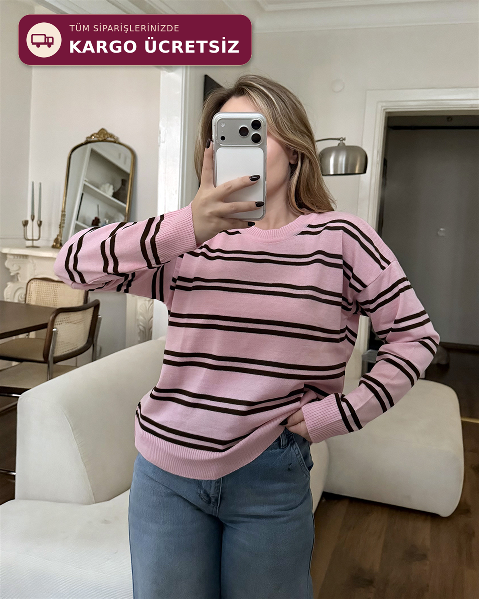Bisiklet Yaka Çizgili Oversize Pembe Triko Kazak