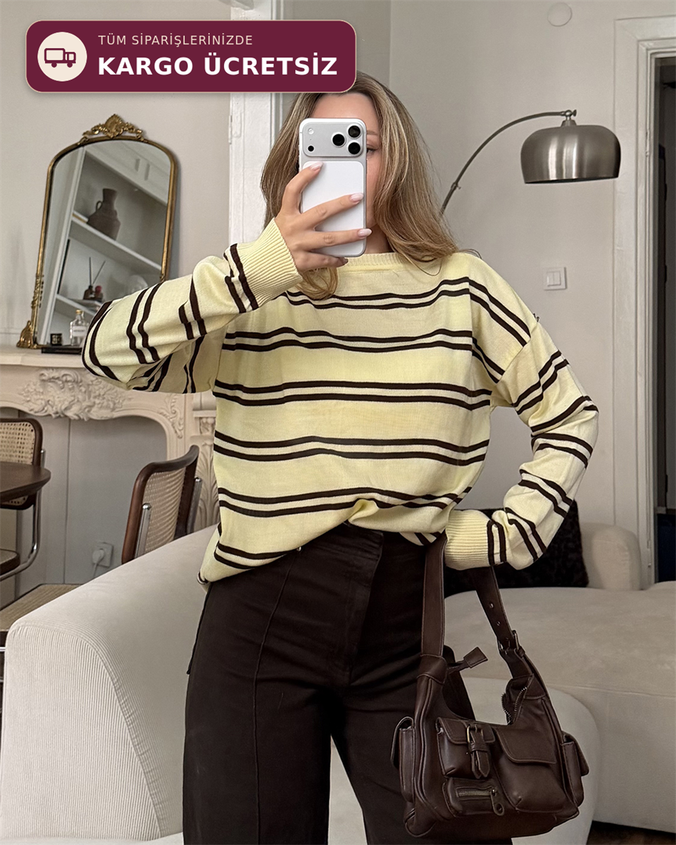 Bisiklet Yaka Çizgili Oversize Sarı Triko Kazak