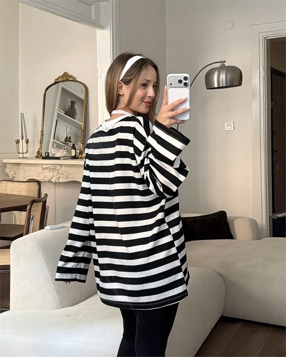 Bisiklet Yaka Çizgili Oversize Uzun Kollu Siyah Tişört