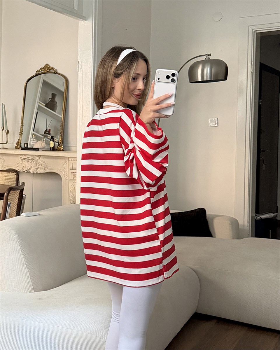 Bisiklet Yaka Çizgili Oversize Uzun Kollu Kırmızı Tişört