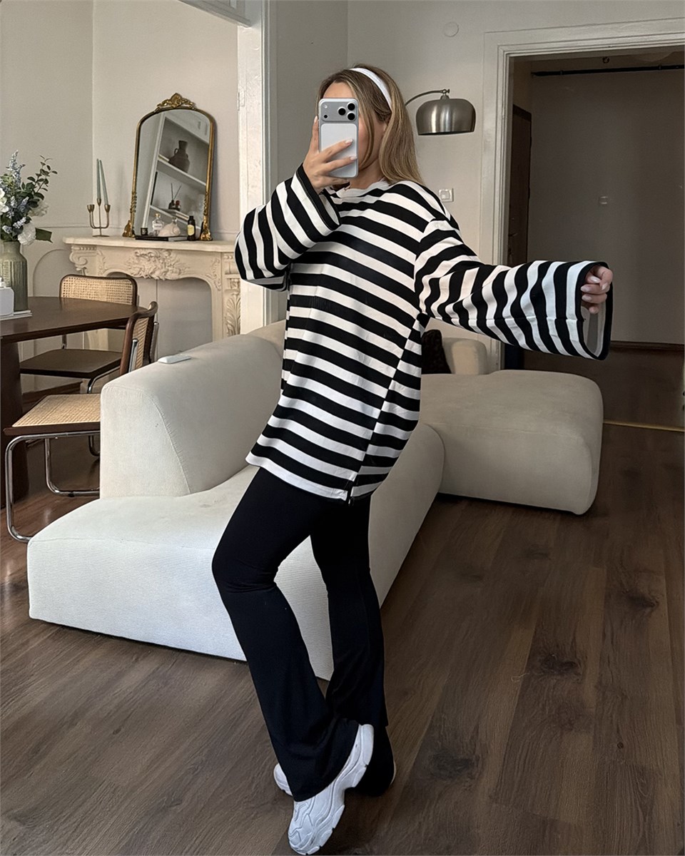 Bisiklet Yaka Çizgili Oversize Uzun Kollu Siyah Tişört