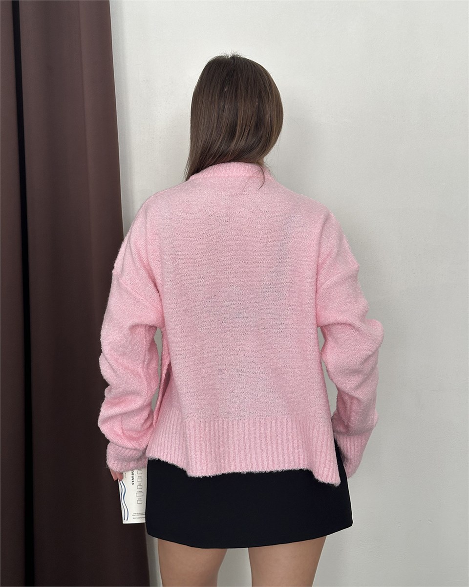 Bisiklet Yaka Düğmeli Pembe Triko Hırka