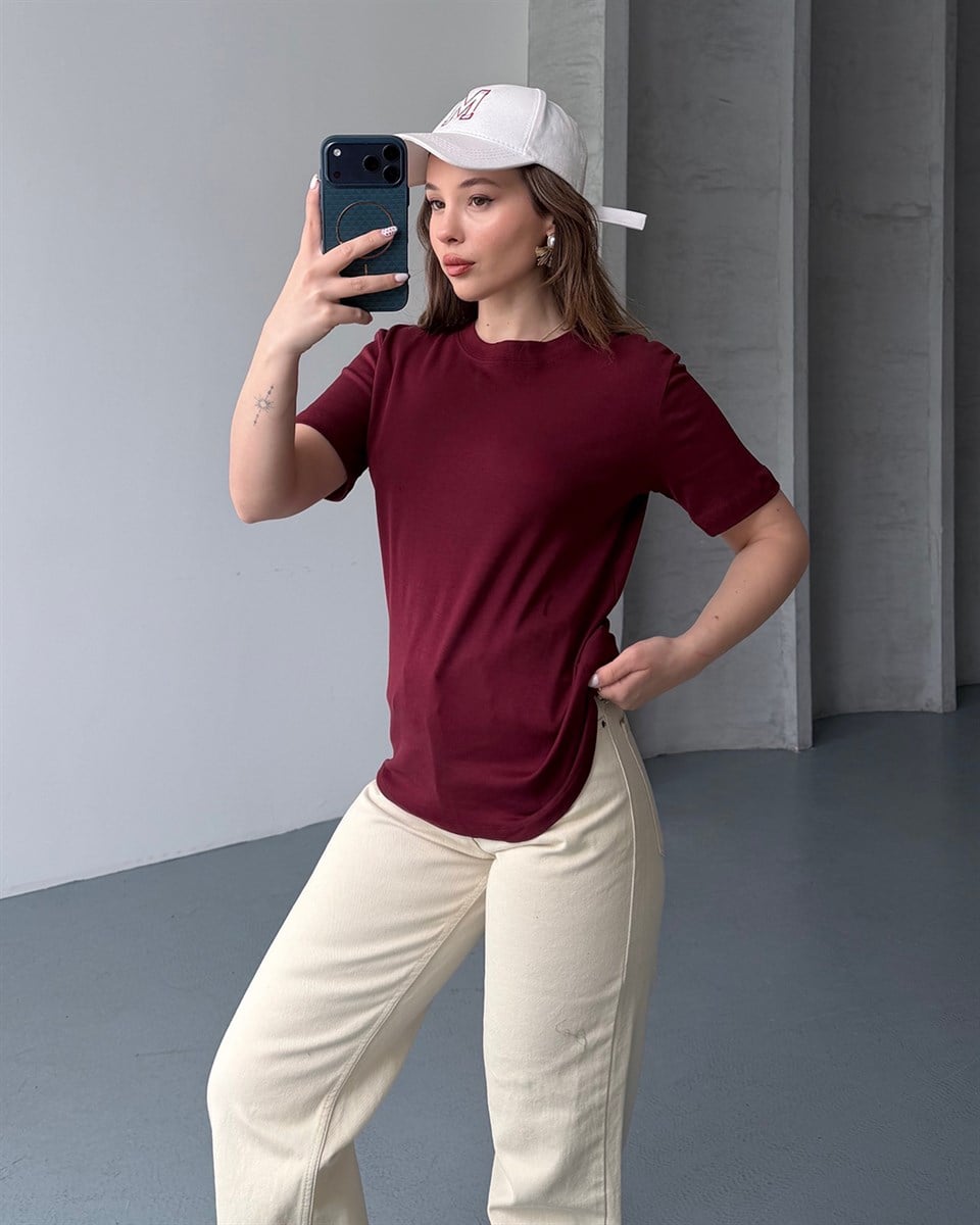 Bisiklet Yaka Unisex Bordo Tişört