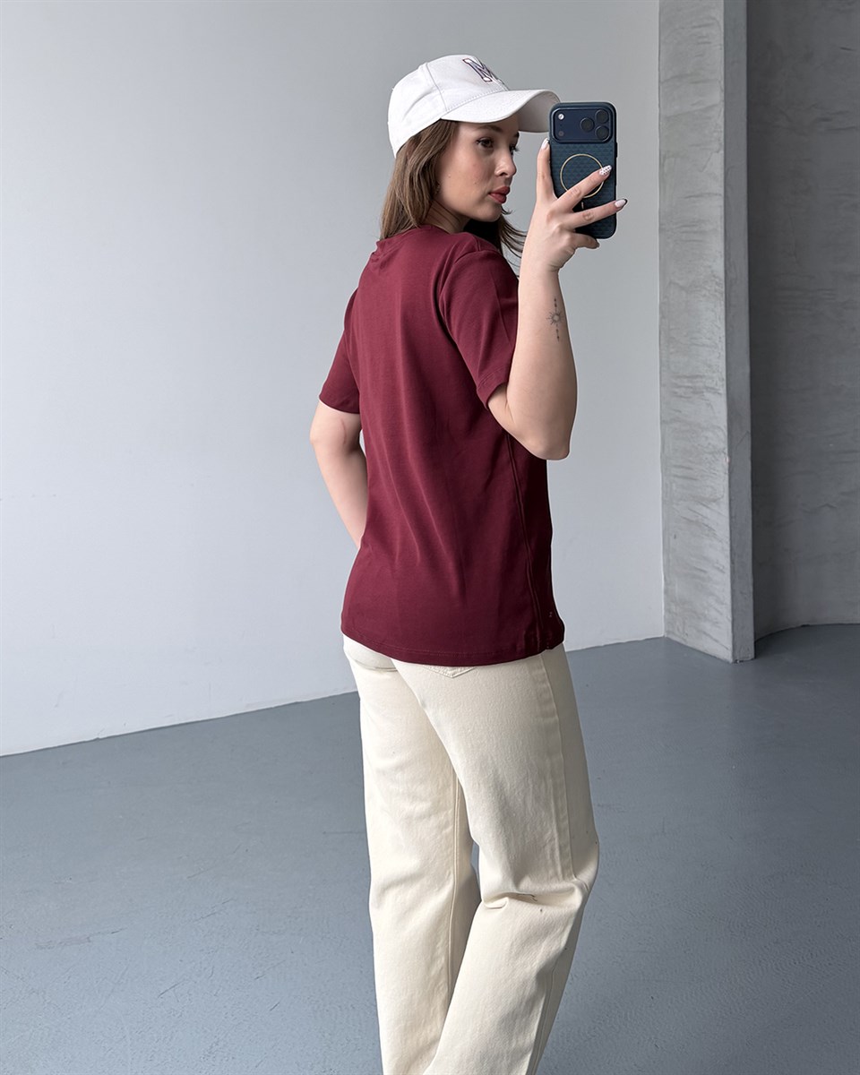 Bisiklet Yaka Unisex Bordo Tişört