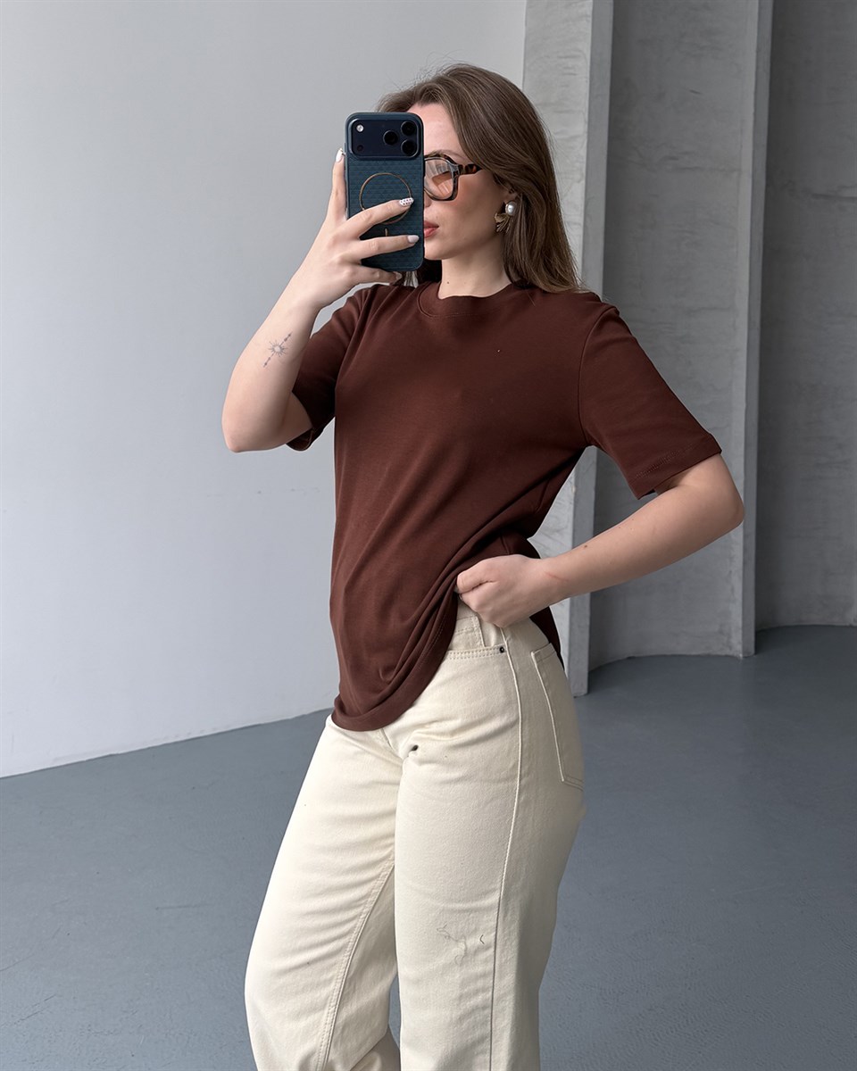 Bisiklet Yaka Unisex Kahverengi Tişört