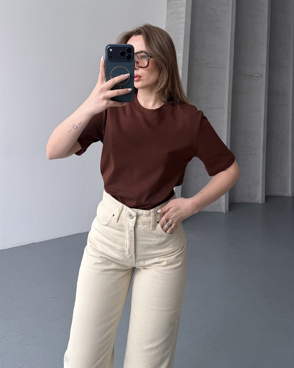 Bisiklet Yaka Unisex Kahverengi Tişört