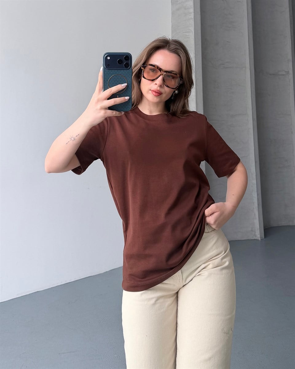 Bisiklet Yaka Unisex Kahverengi Tişört