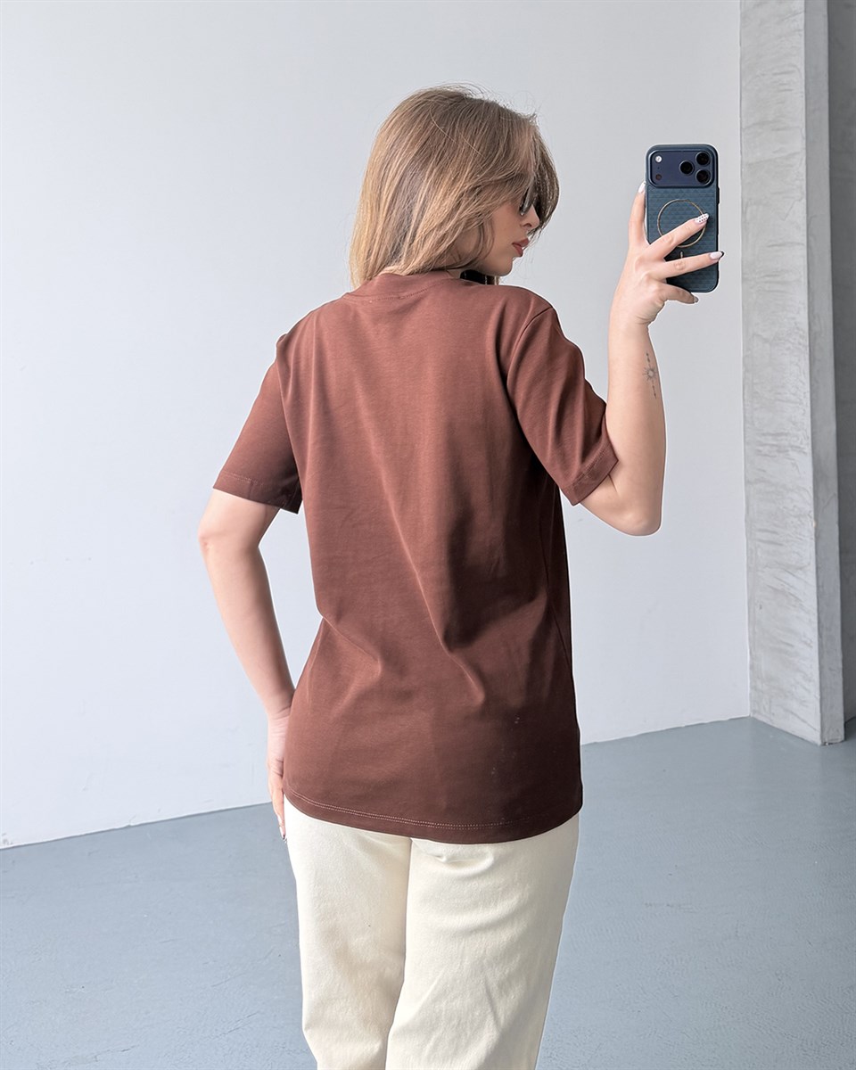 Bisiklet Yaka Unisex Kahverengi Tişört
