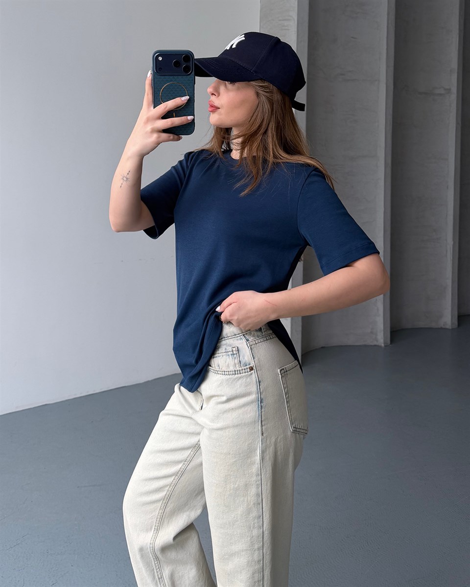 Bisiklet Yaka Unisex Lacivert Tişört