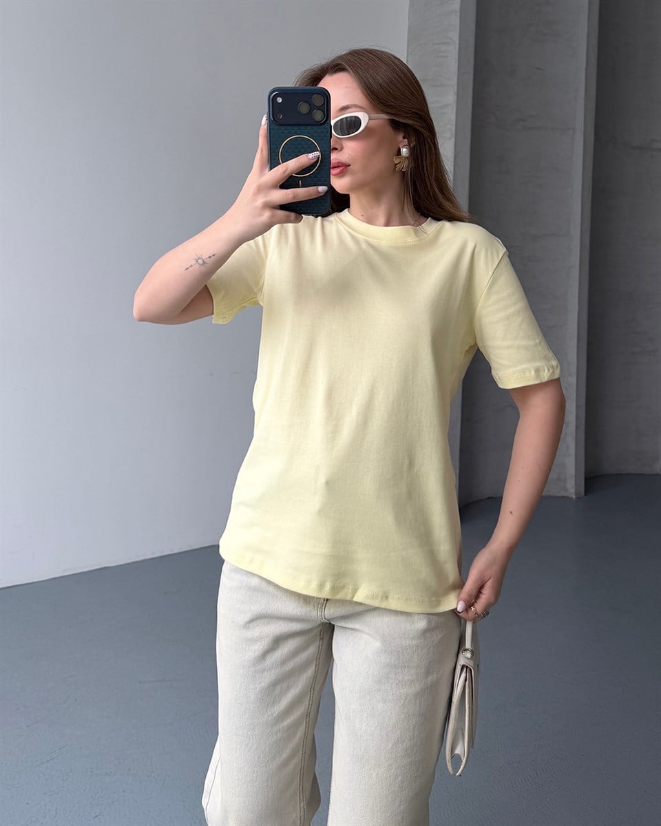 Bisiklet Yaka Unisex Sarı Tişört