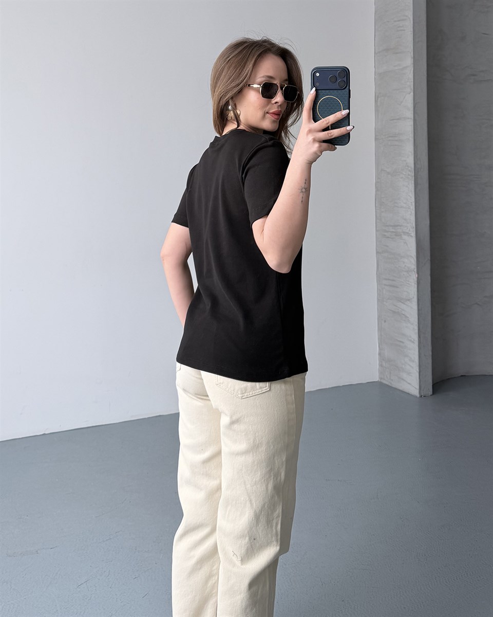 Bisiklet Yaka Unisex Siyah Tişört