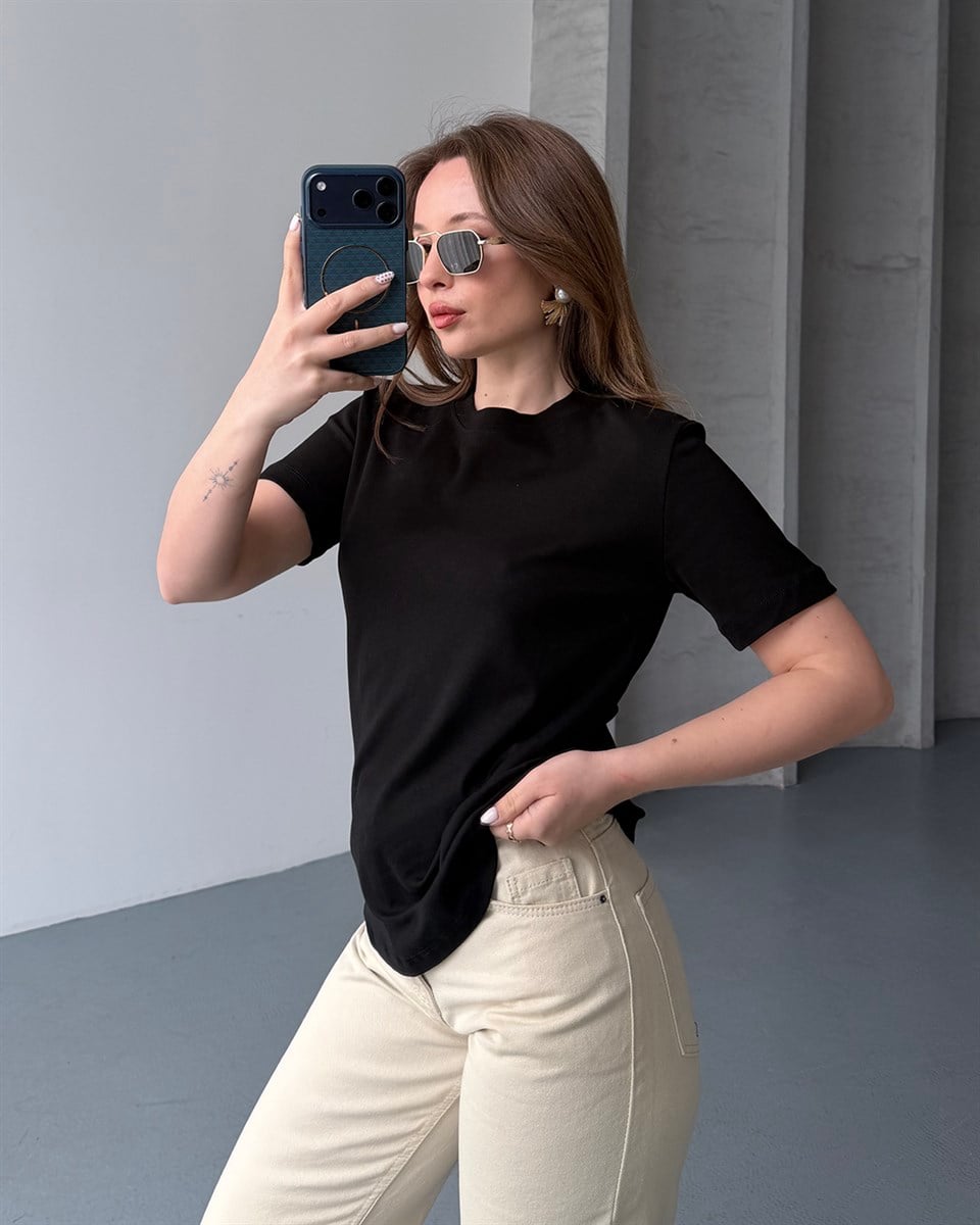 Bisiklet Yaka Unisex Siyah Tişört