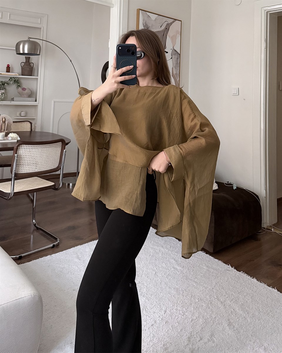 Bohem Yağ Yeşili Şifon Bluz