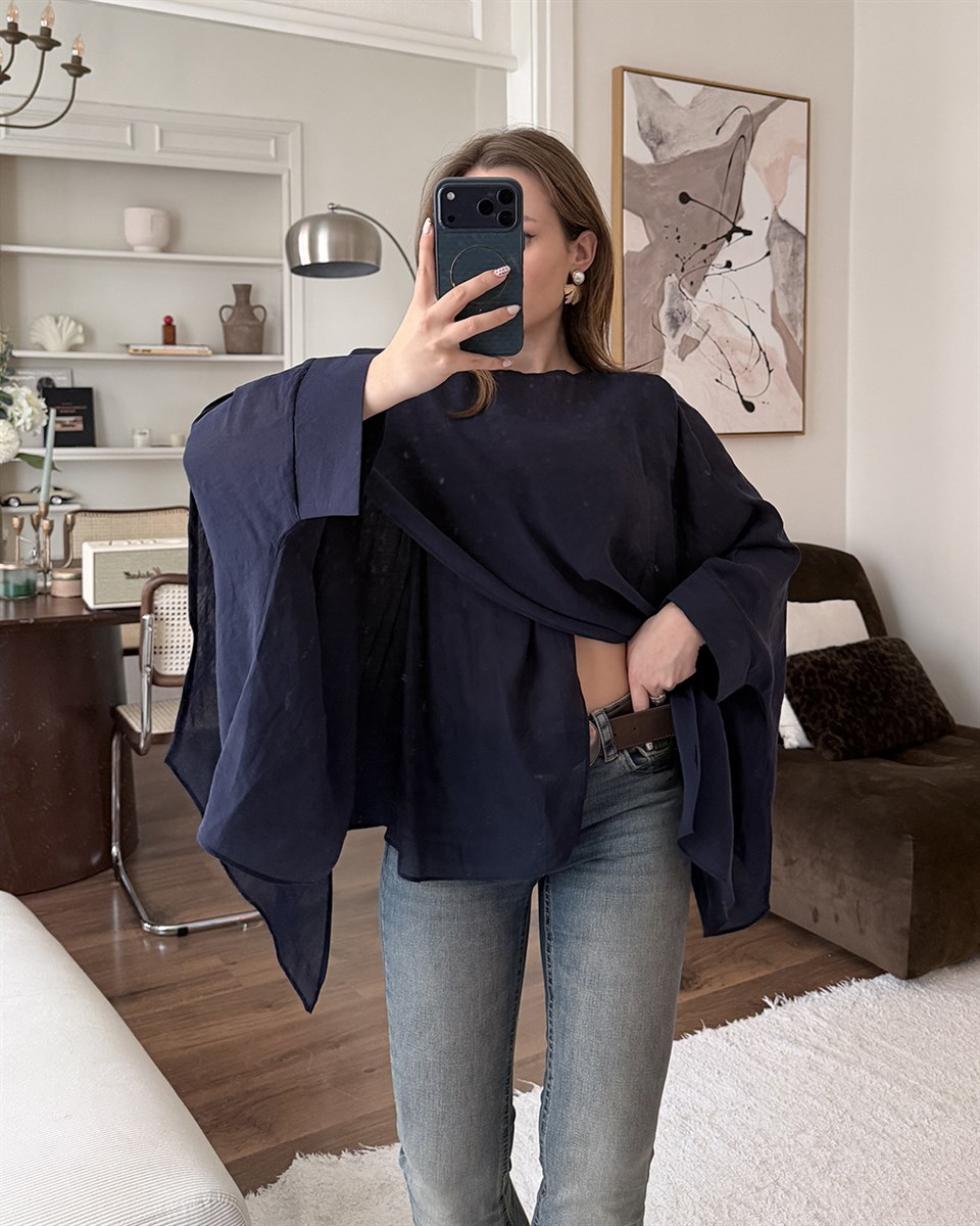 Bohem Lacivert Şifon Bluz