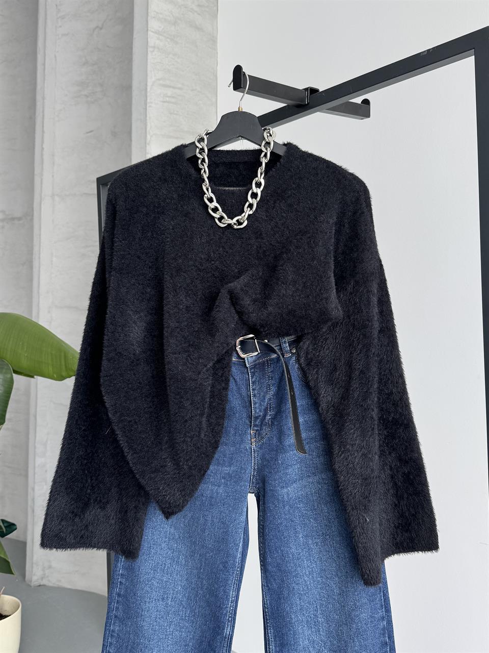 Bohem Oversize Siyah Triko Kazak
