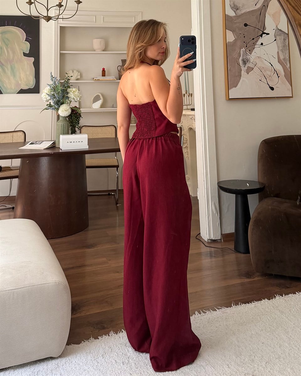 Bordo Askılı Büstiyer Pantolon Takım