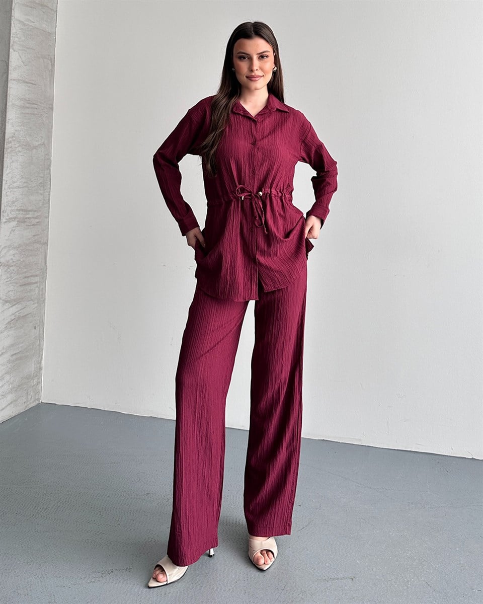 Bordo Beli Bağcıklı Gömlek Pantolon Takım