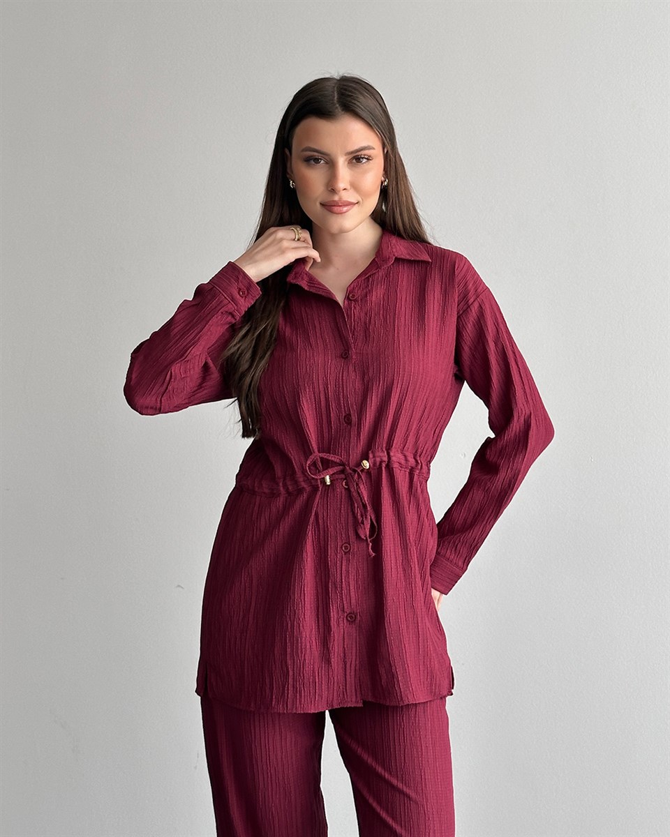 Bordo Beli Bağcıklı Gömlek Pantolon Takım