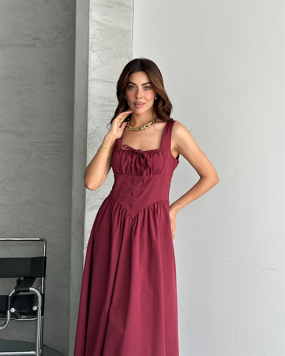 Bordo Kare Yaka Askılı Maxi Elbise